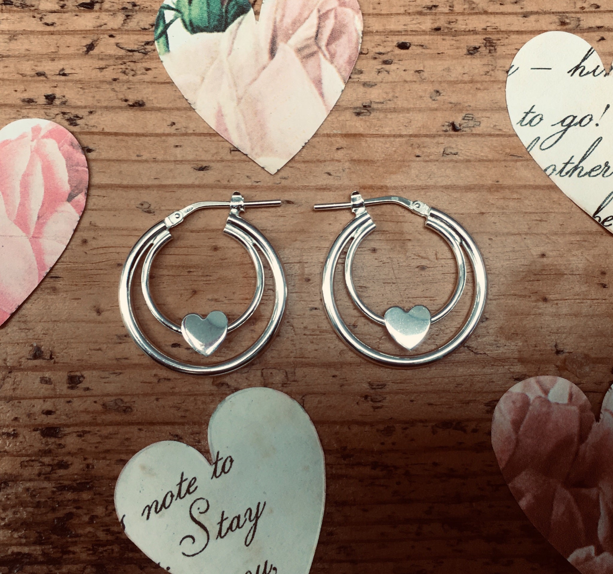 925 Sterling Silver Double Heart Hoop Earrings