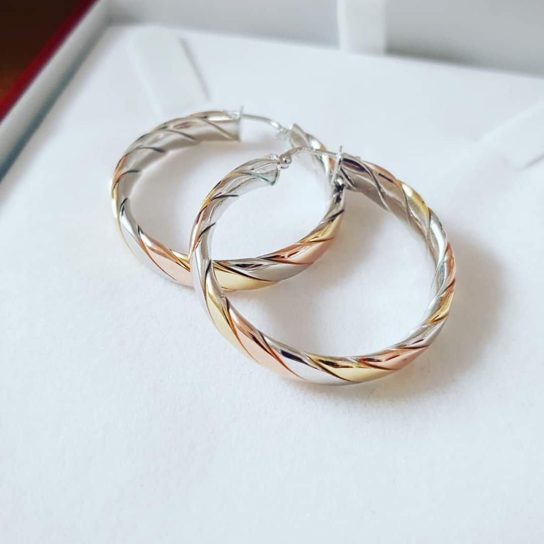 925 Sterling Silver 3 Tone Hoop Earrings