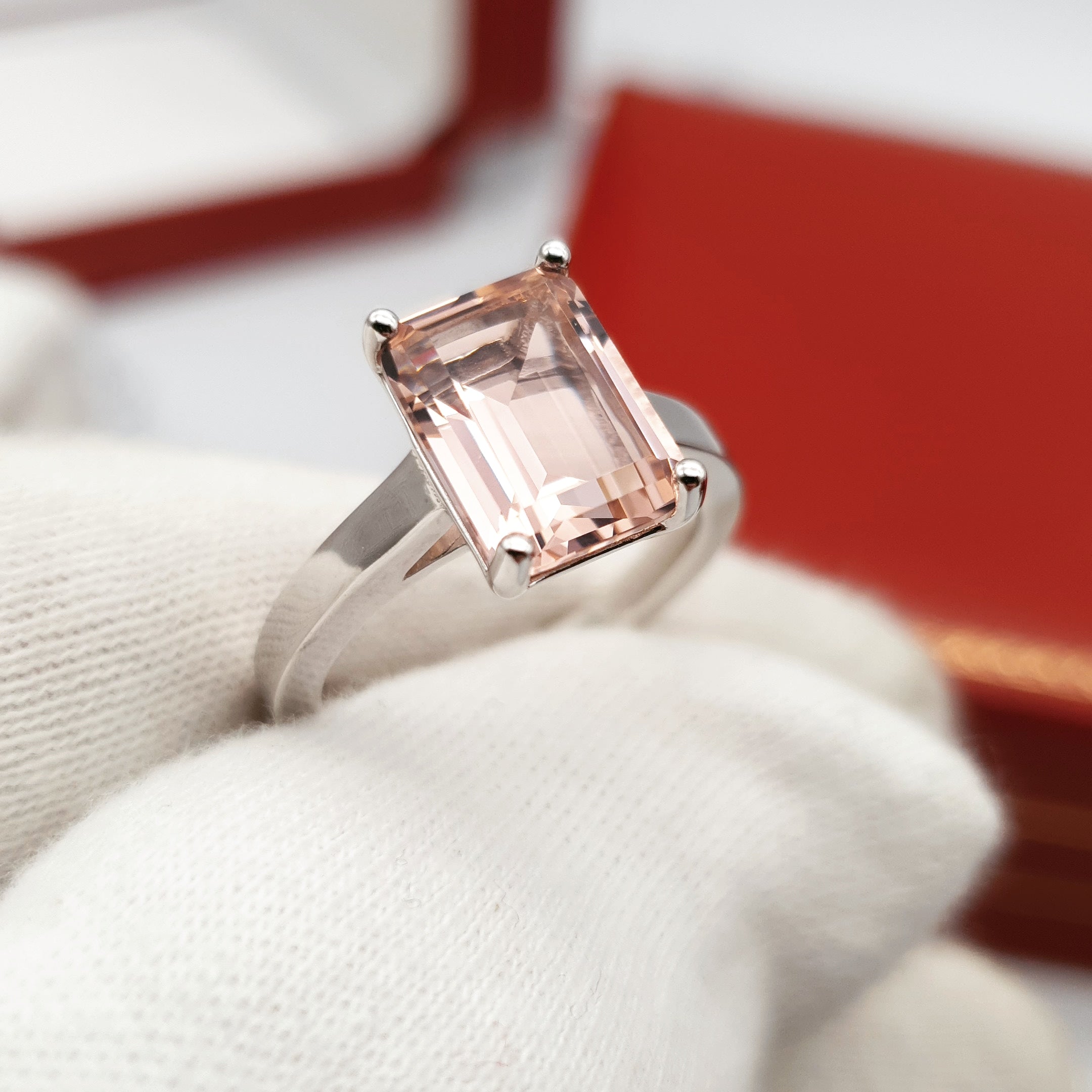 925 Sterling Silver Morganite Cz Emerald Cut Solitaire Ring