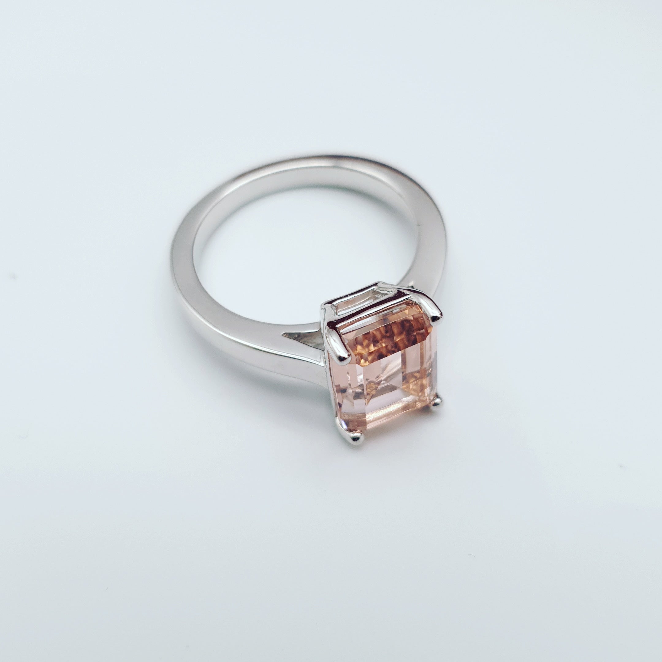 925 Sterling Silver Morganite Cz Emerald Cut Solitaire Ring