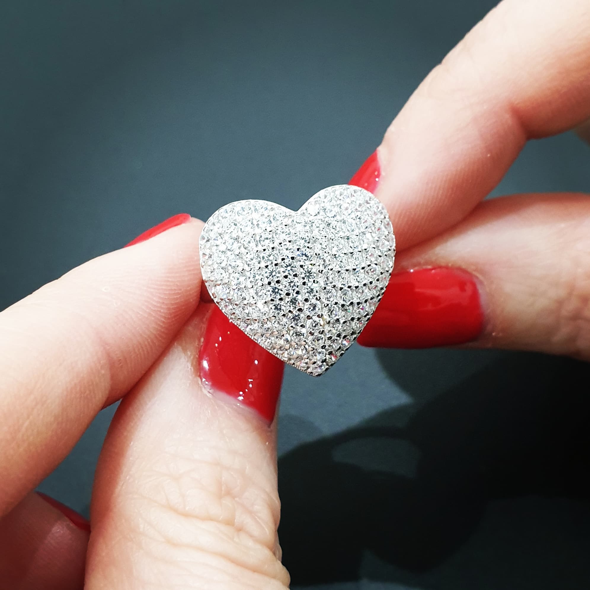 925 Sterling Silver Large Heart Pave Cluster Ring