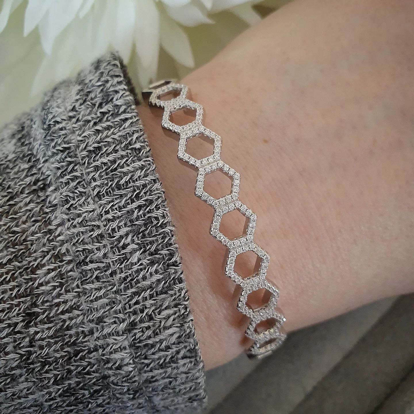 Honeycomb Style Cz Silver Bangle