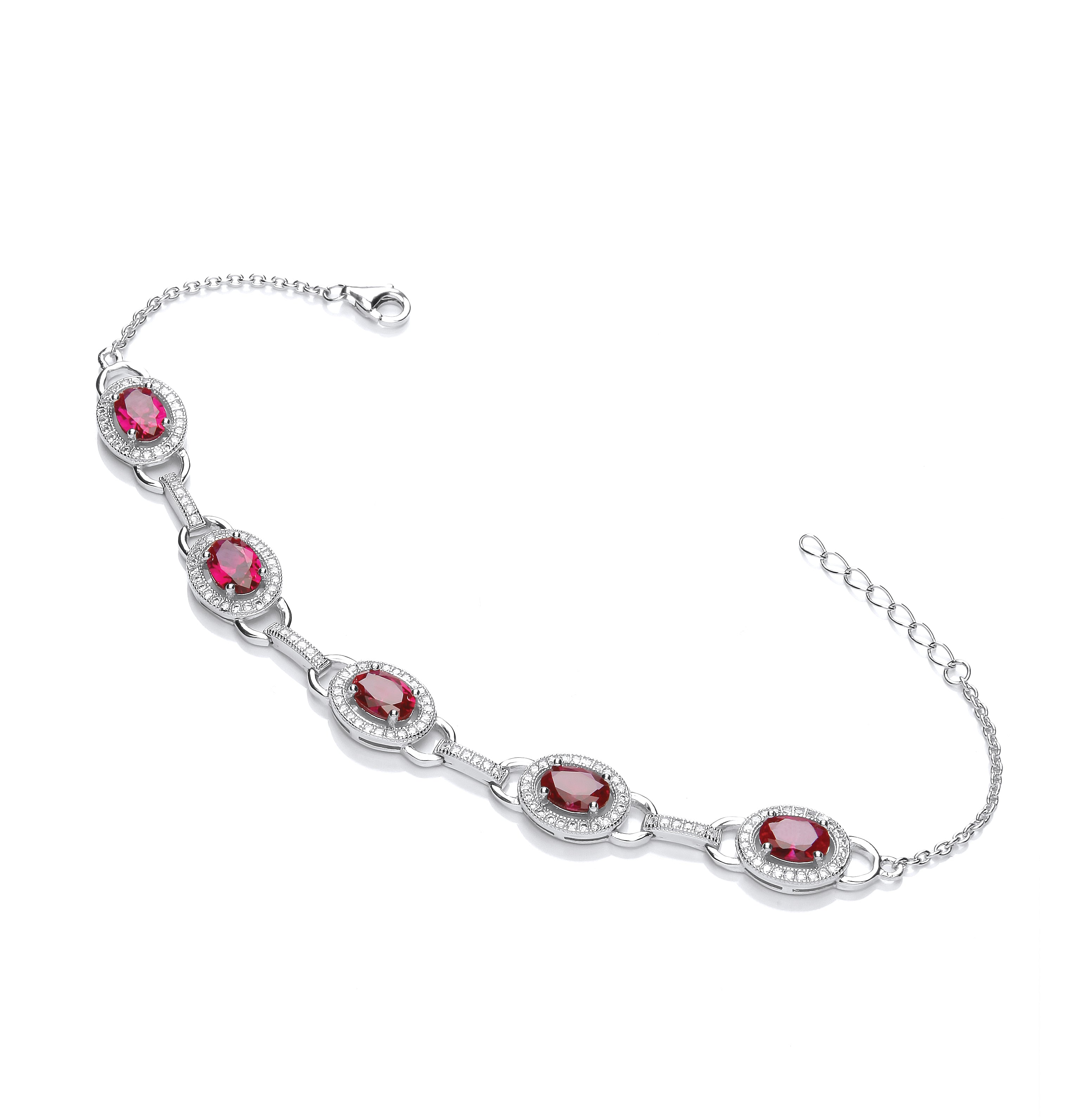 925 Sterling Silver Ruby & Clear CZ's Halo Style Ladies Bracelet