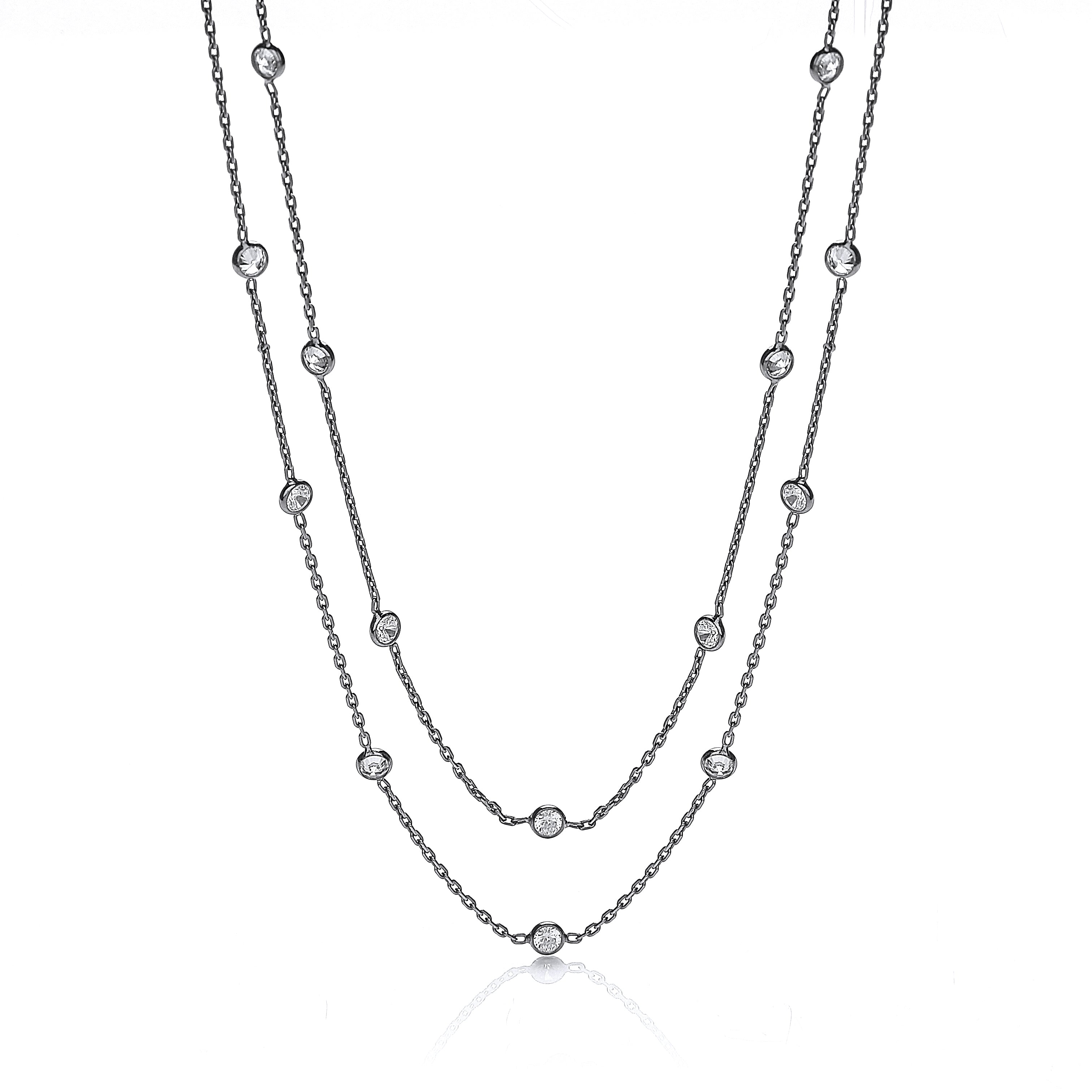 J-JAZ 925 Sterling Silver Ruthenium Coated Rubover 23 Cz's Necklace 38"