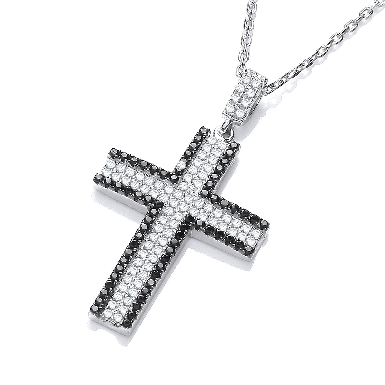 925 Sterling Silver Micro Pave' Black and Clear CZ Cross with 18" Chain