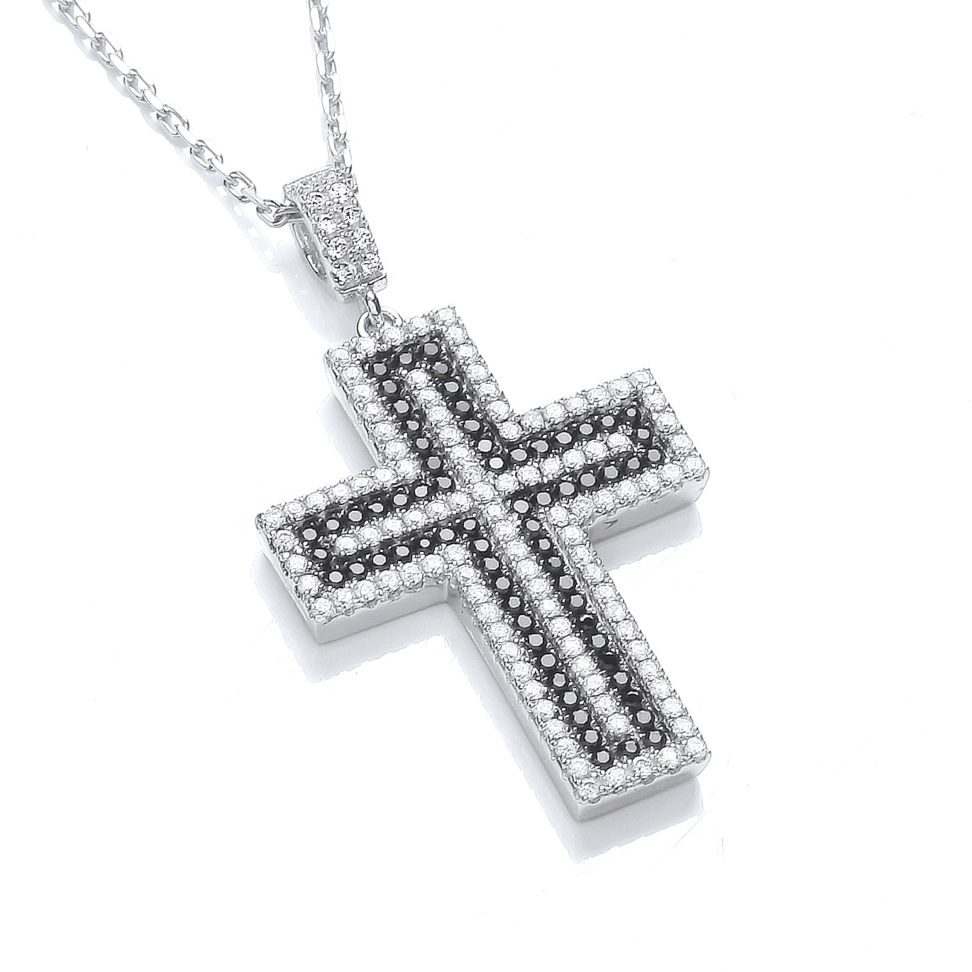 925 Sterling Silver Micro Pave' Black & Clear CZ Cross with 18" Chain