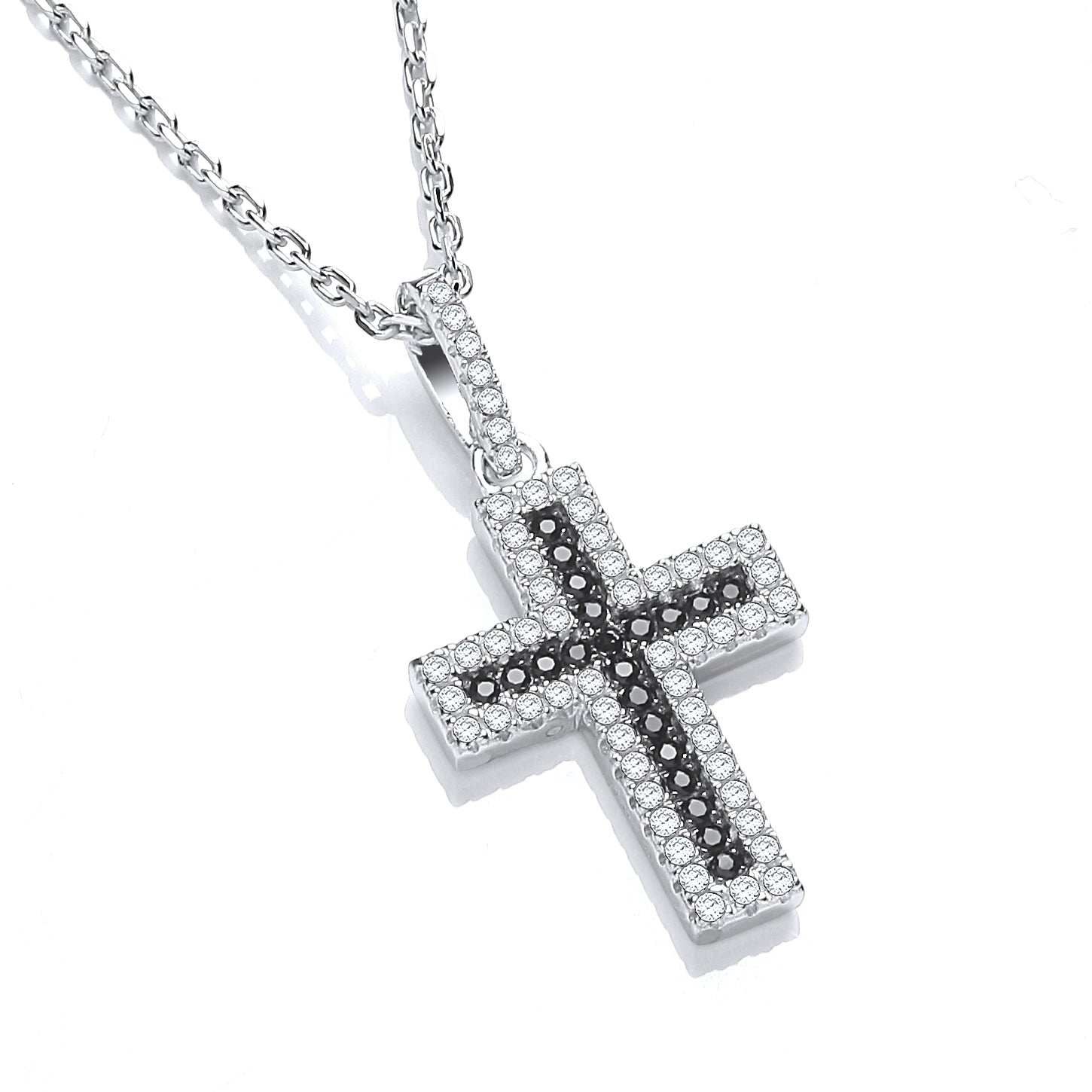 925 Sterling Silver Micro Pave' Clear & Black CZ Cross with 18" Chain