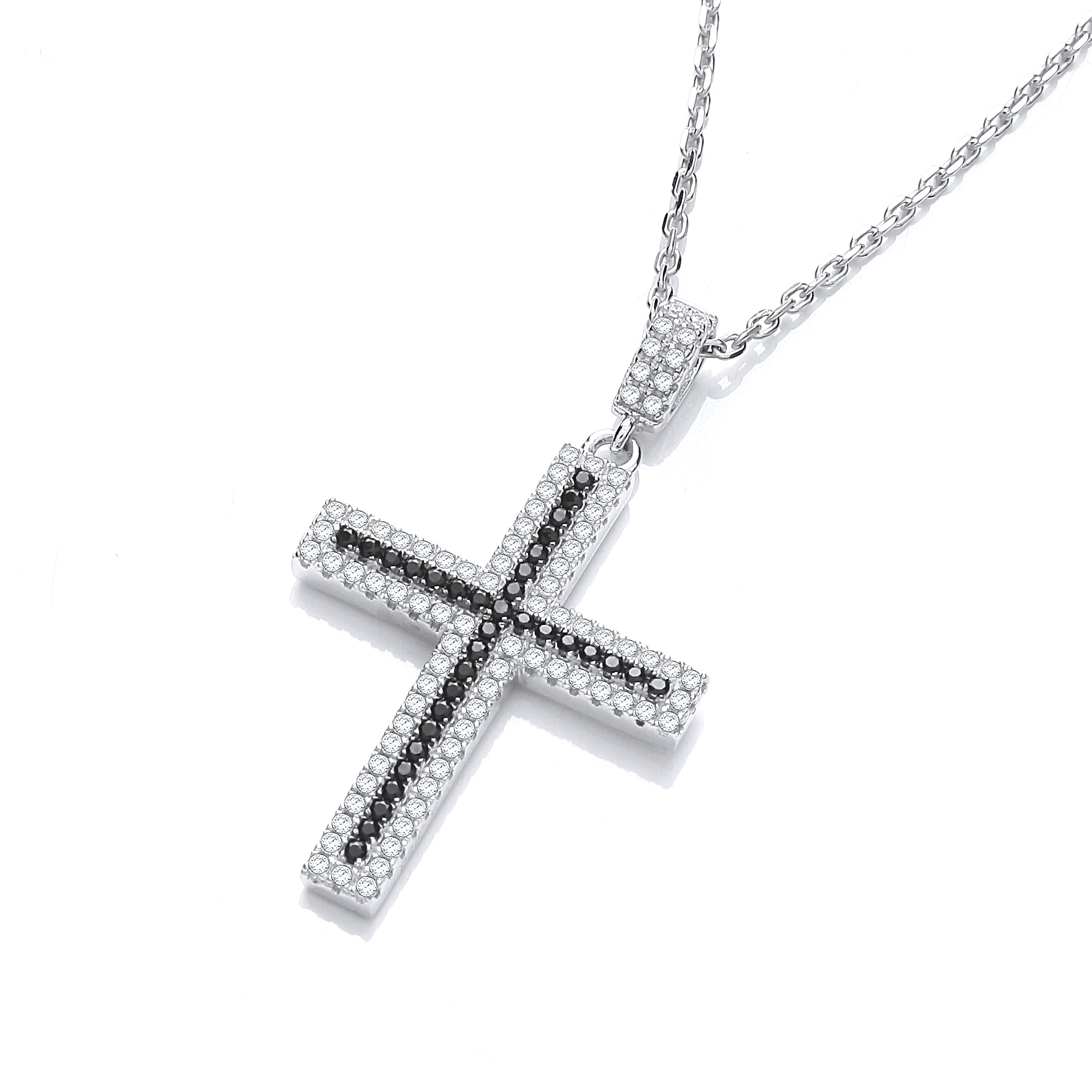 925 Sterling Silver Micro Pave' Black & Clear CZ Cross with 18" Chain