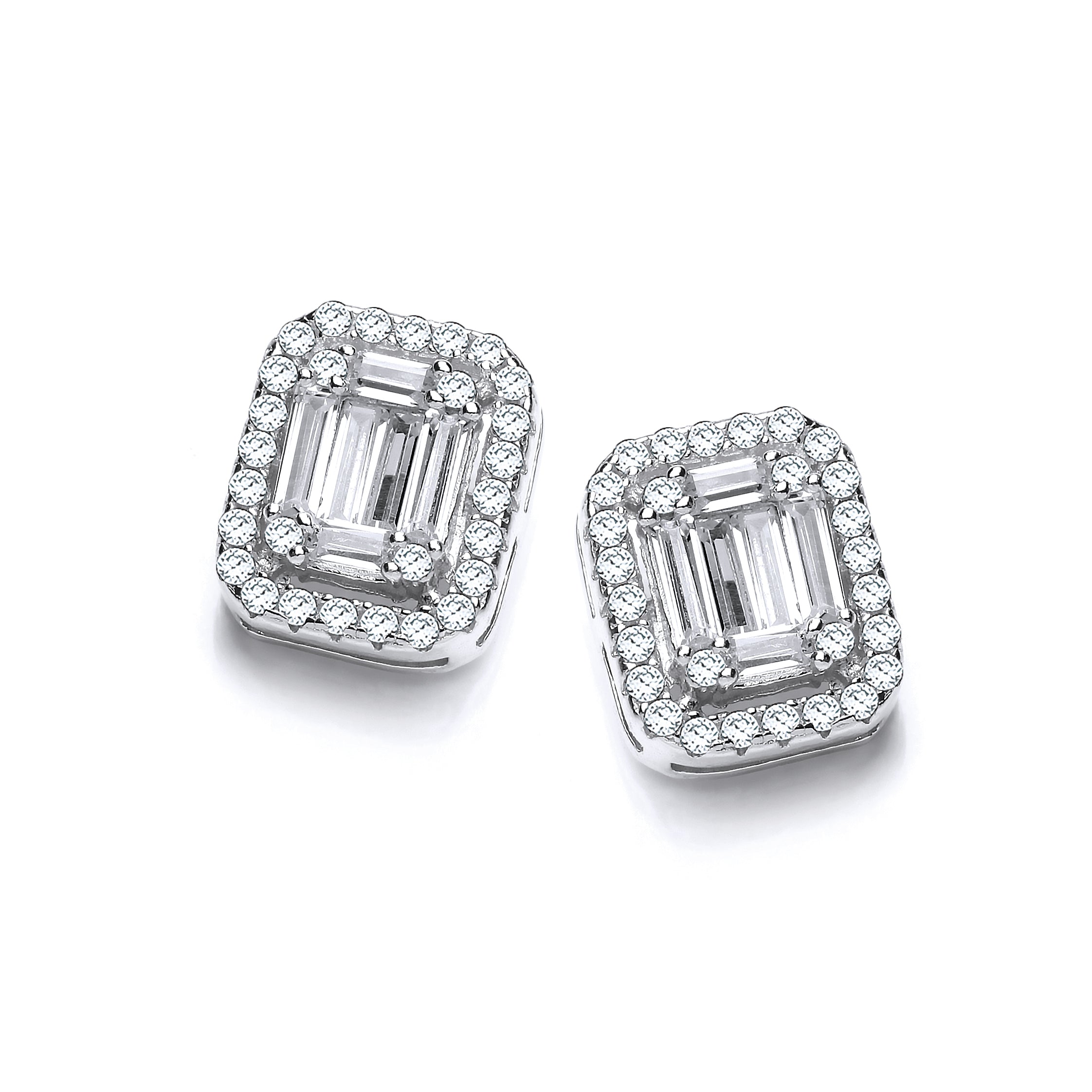 925 Sterling Silver Emerald Cut CZ & Baguettes Stud Earrings