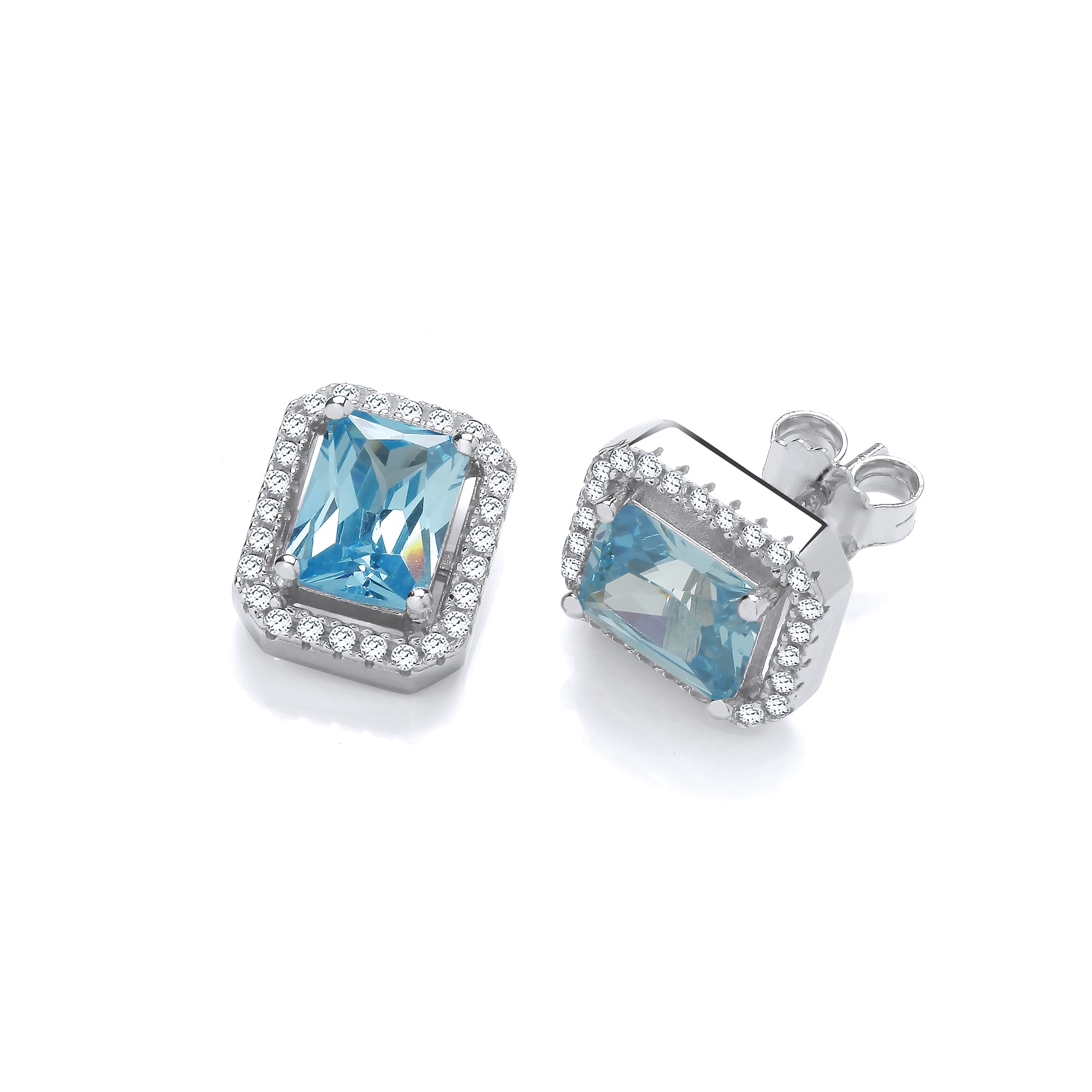 Sterling Silver Blue Cubic Zirconia Halo Stud Earrings