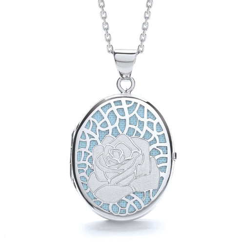 925 Sterling Silver Oval Rose on Light Blue Background Locket J-Jaz