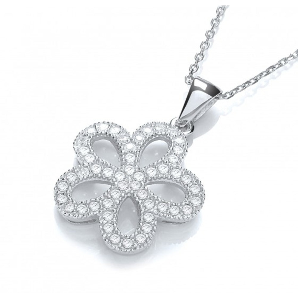 925 Sterling Silver Daisy Shape Cluster Cz Pendant with 18" Chain