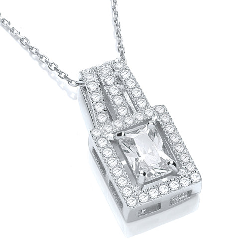 J-JAZ 925 Sterling Silver Square Shape Cluster Cubic Zirconia Pendant with 18" Chain