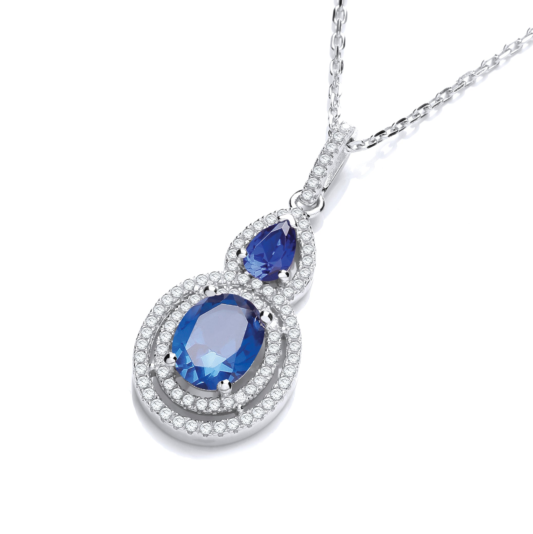 925 Sterling Silver Micro Pave' Sapphire & White Drop Pendant with 18" Chain J-Jaz