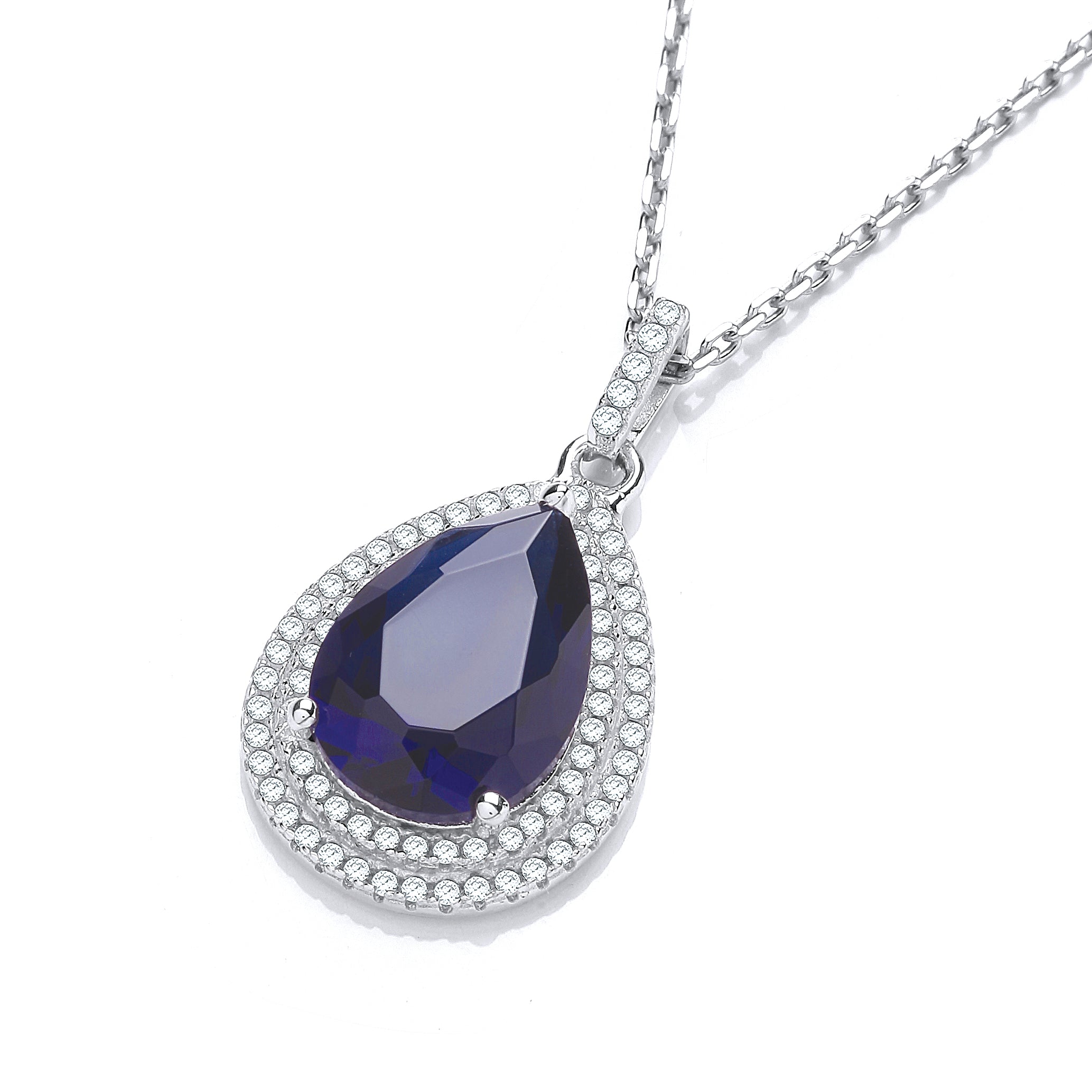 925 Sterling Silver Micro Pave' Blue & Clear Cz Tear Drop Pendant with 18" Chain