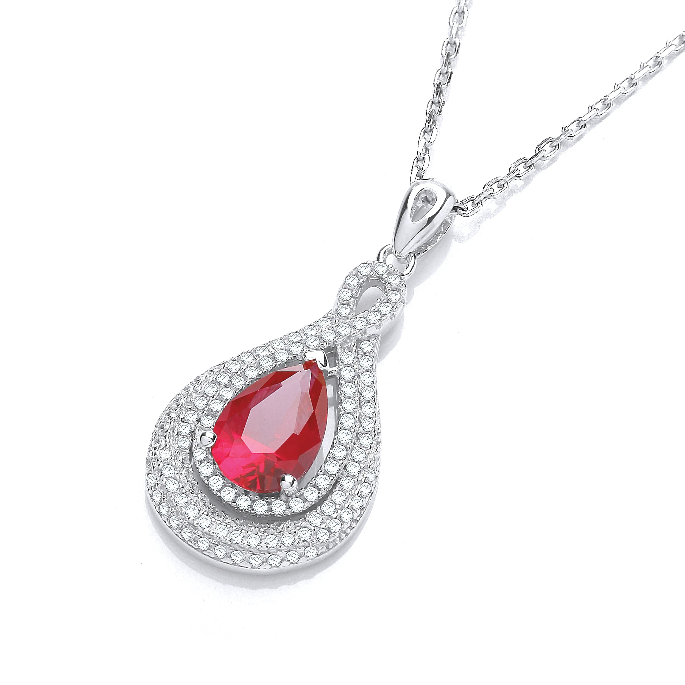 925 Sterling Silver Micro Pave' Red & Clear Cz Tear Drop Pendant with 18" Chain