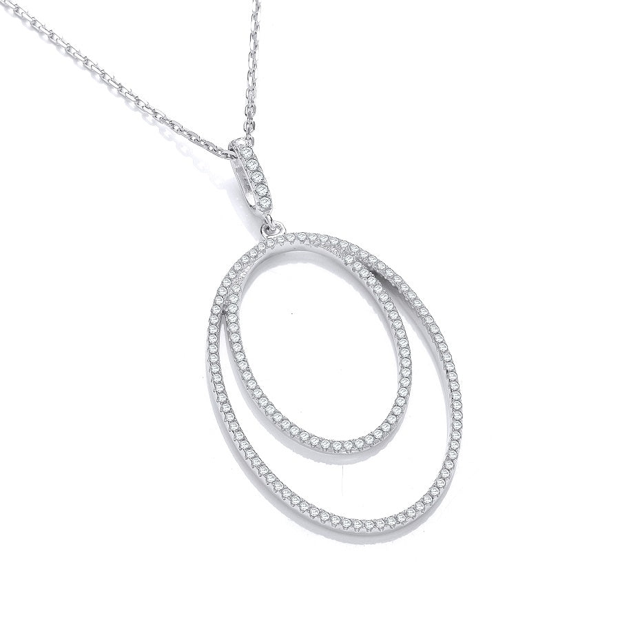 925 Sterling Silver Micro Pave' Oval Double Row Cz Pendant with 18" Chain