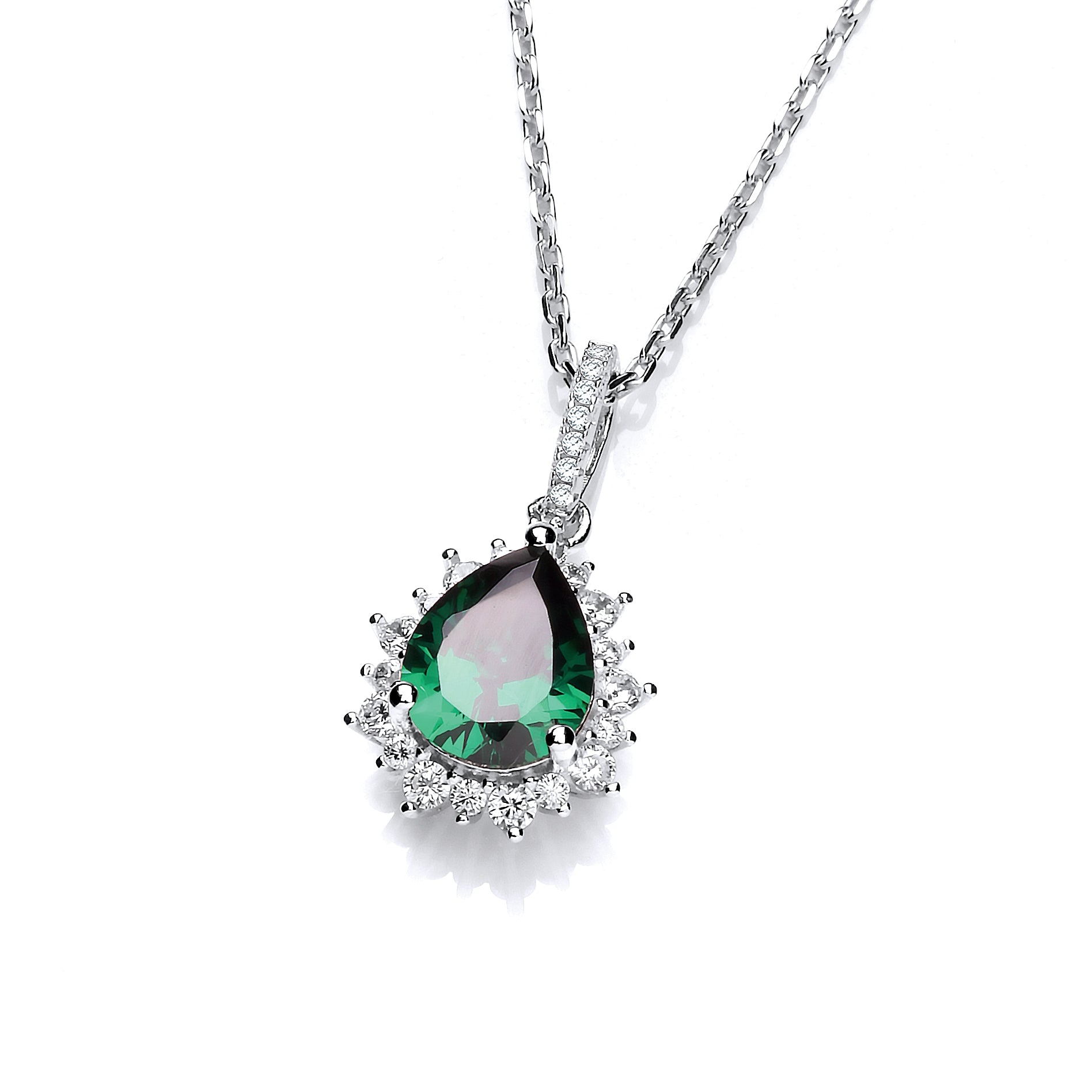 925 Sterling Silver Green Tear Drop Cz Pendant with 18" Chain