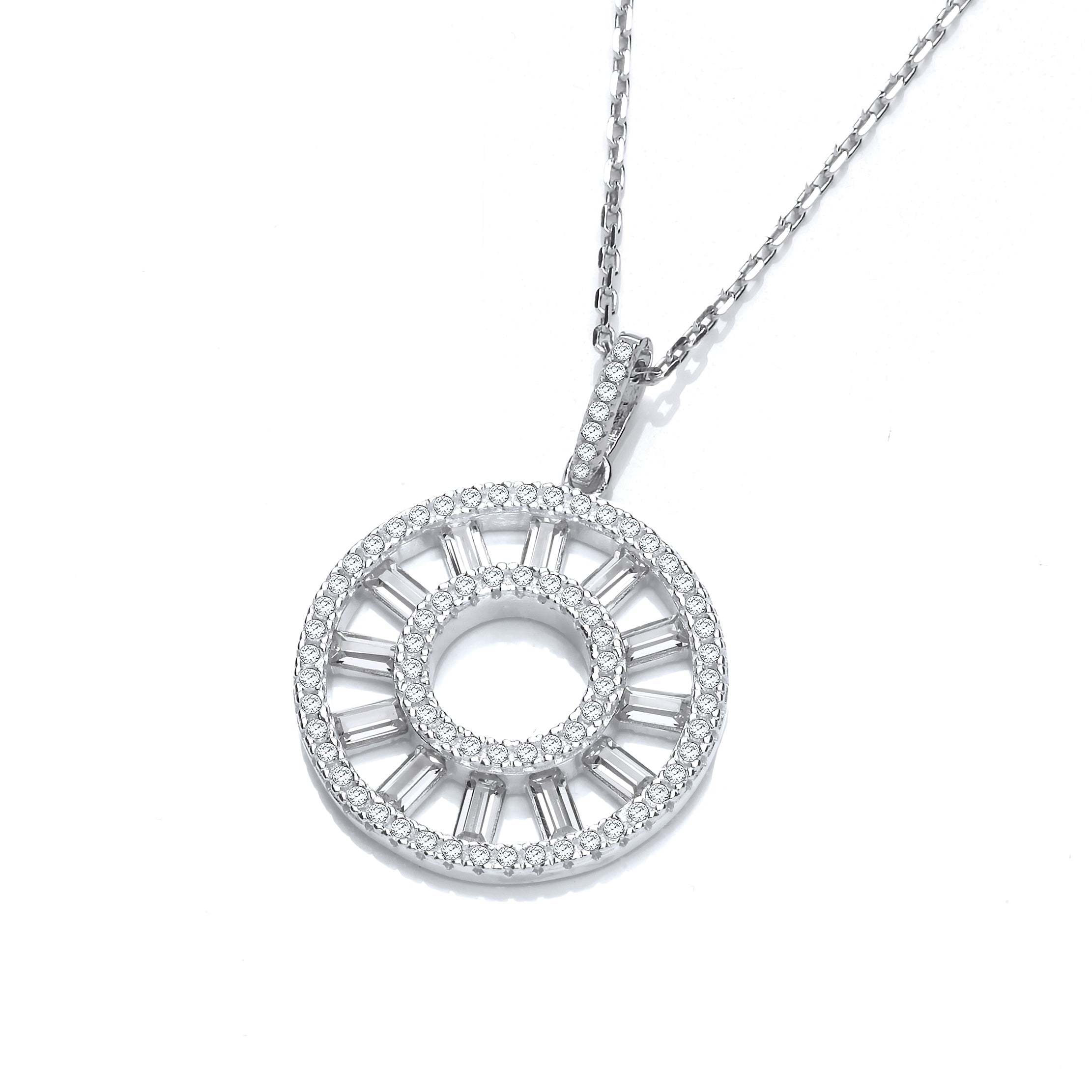 925 Sterling Silver Circle of Life Round & Baguette Cz Pendant with 18" Chain