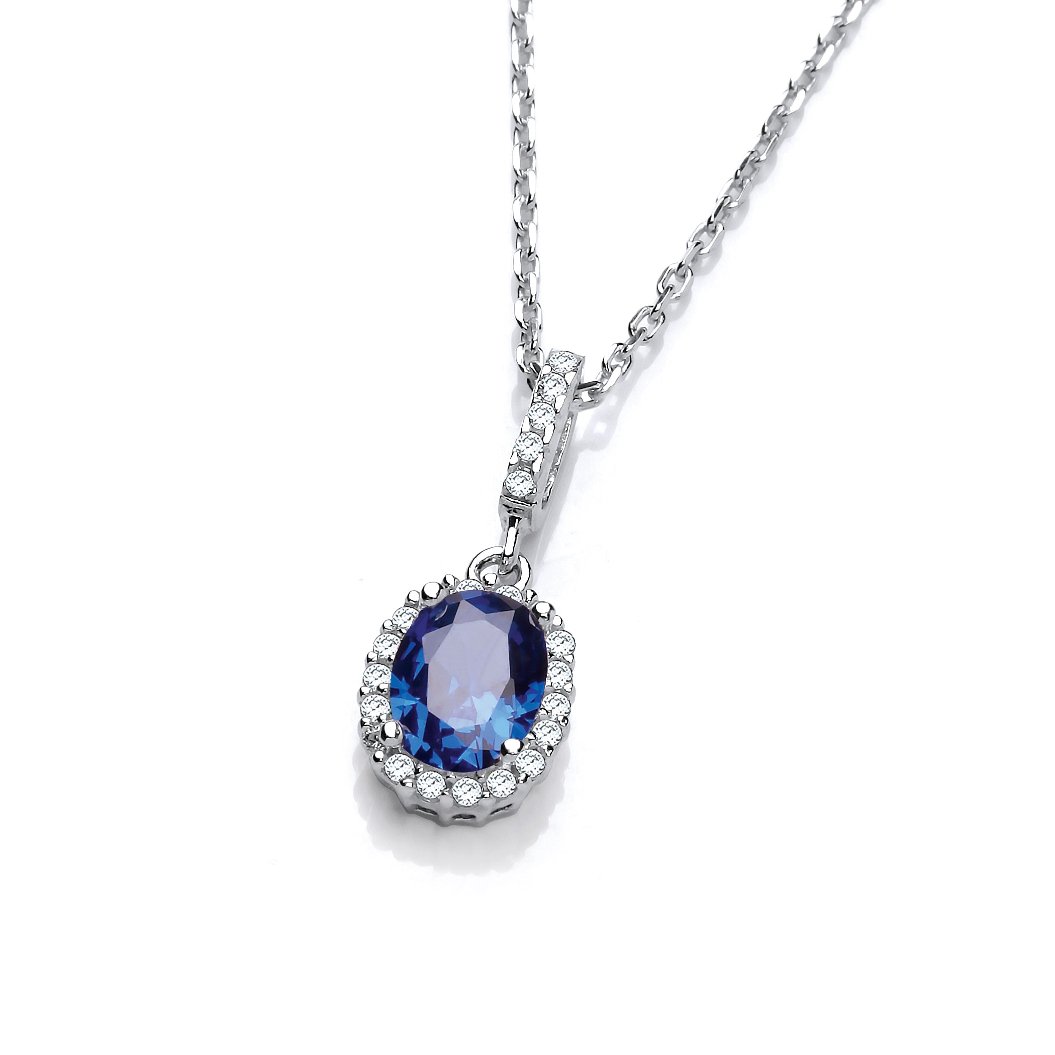 925 Sterling Silver Oval Blue CZ Drop Pendant with 18" Chain