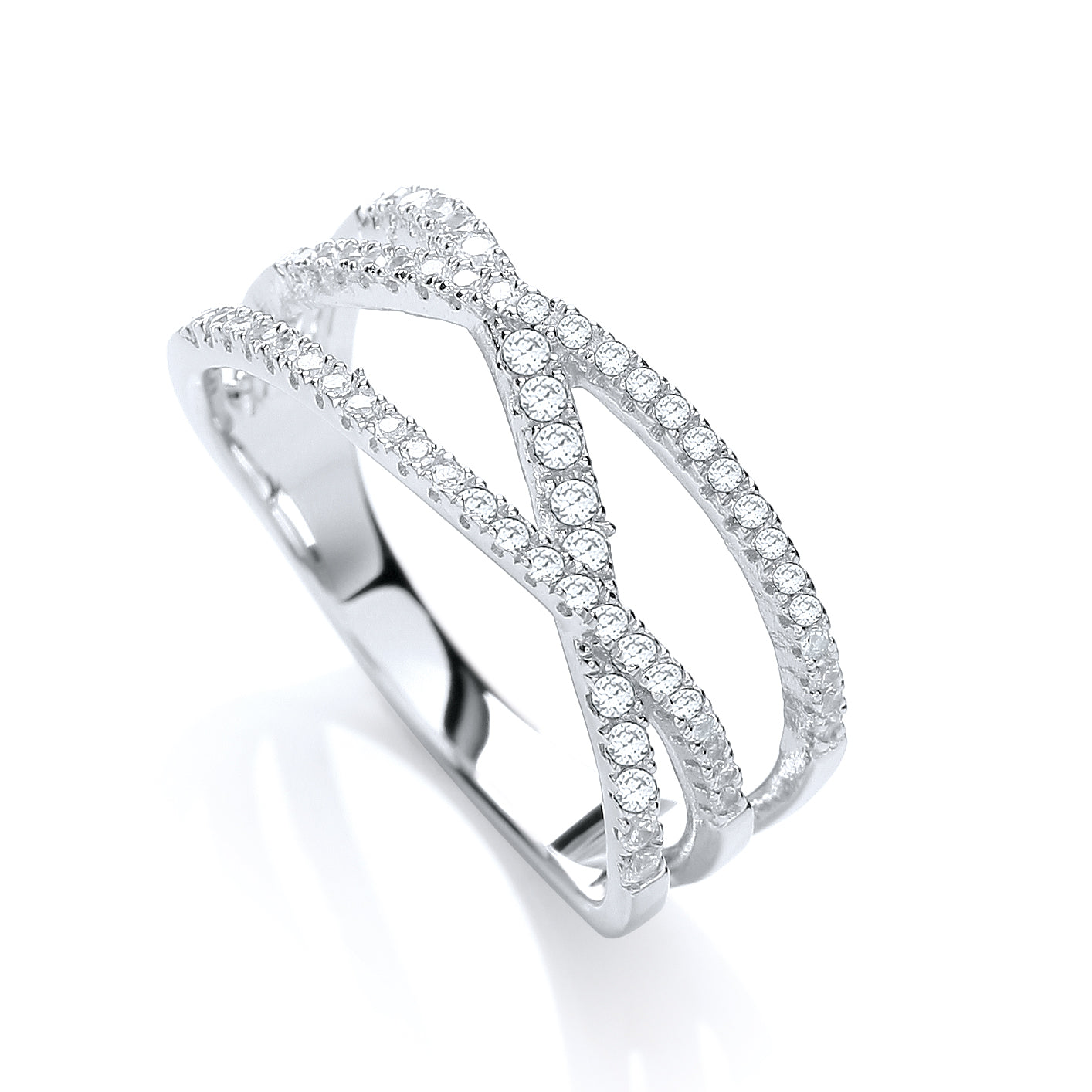 925 Sterling Silver Micro Pave' 3 Row Cross Over with 61 Cz's Ring