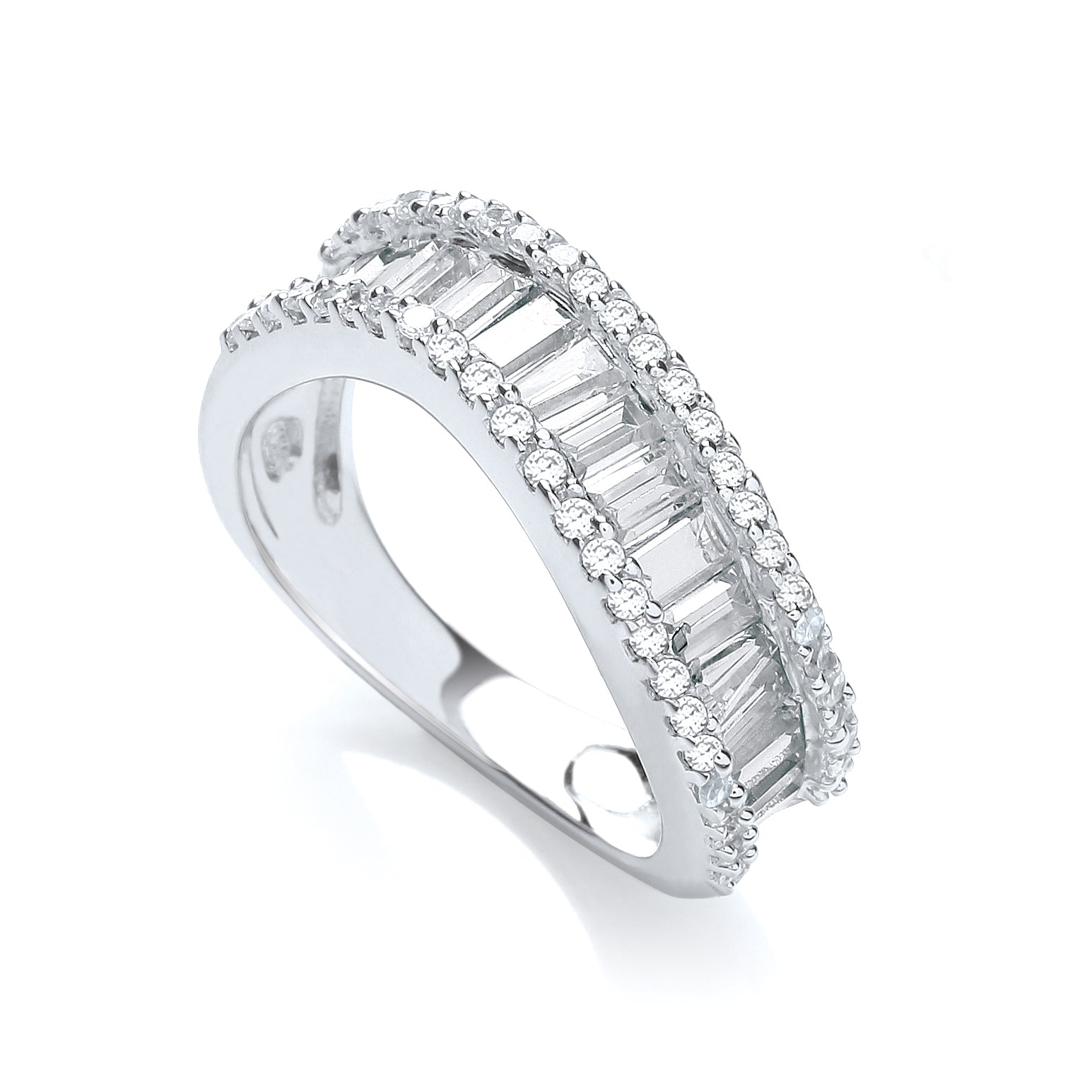 J-JAZ 925 Sterling Silver Baguette with Round Cz Wave Ring