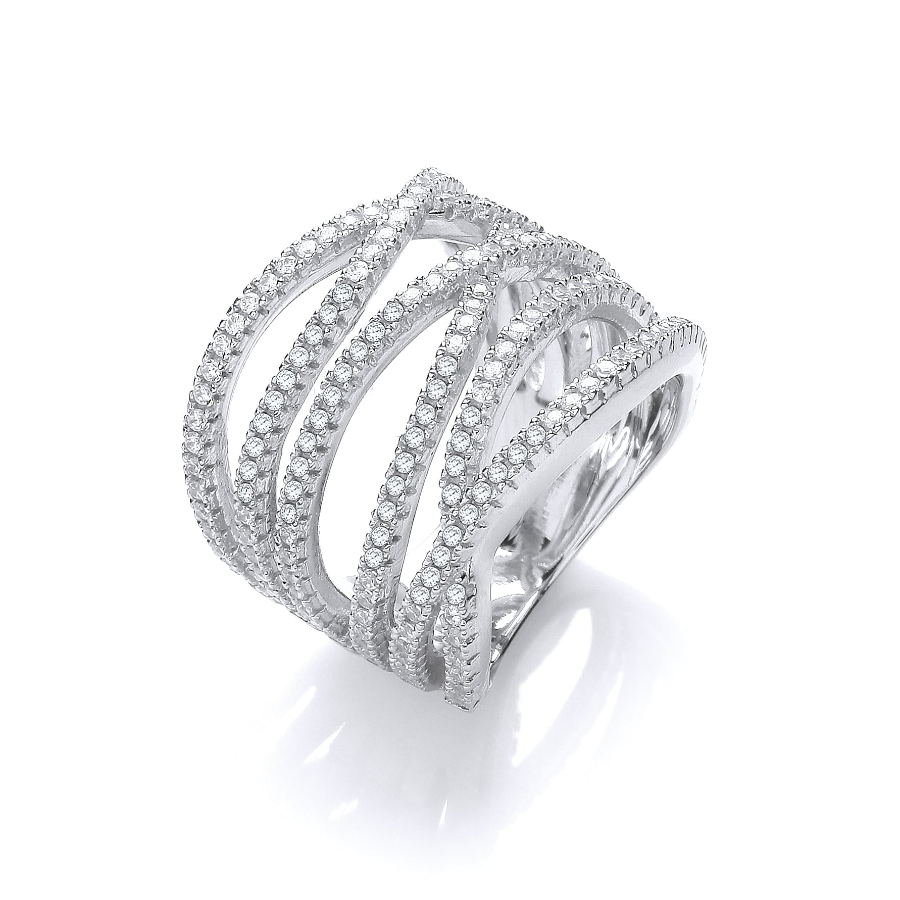 925 Sterling Silver Micro Pave' Six Rows of Clear Cz Ring