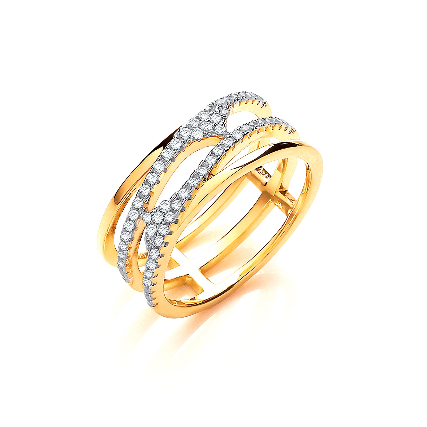 J-JAZ 925 Sterling Silver Yellow Gold Coated, Three Row, Micro Pave Cz Ring