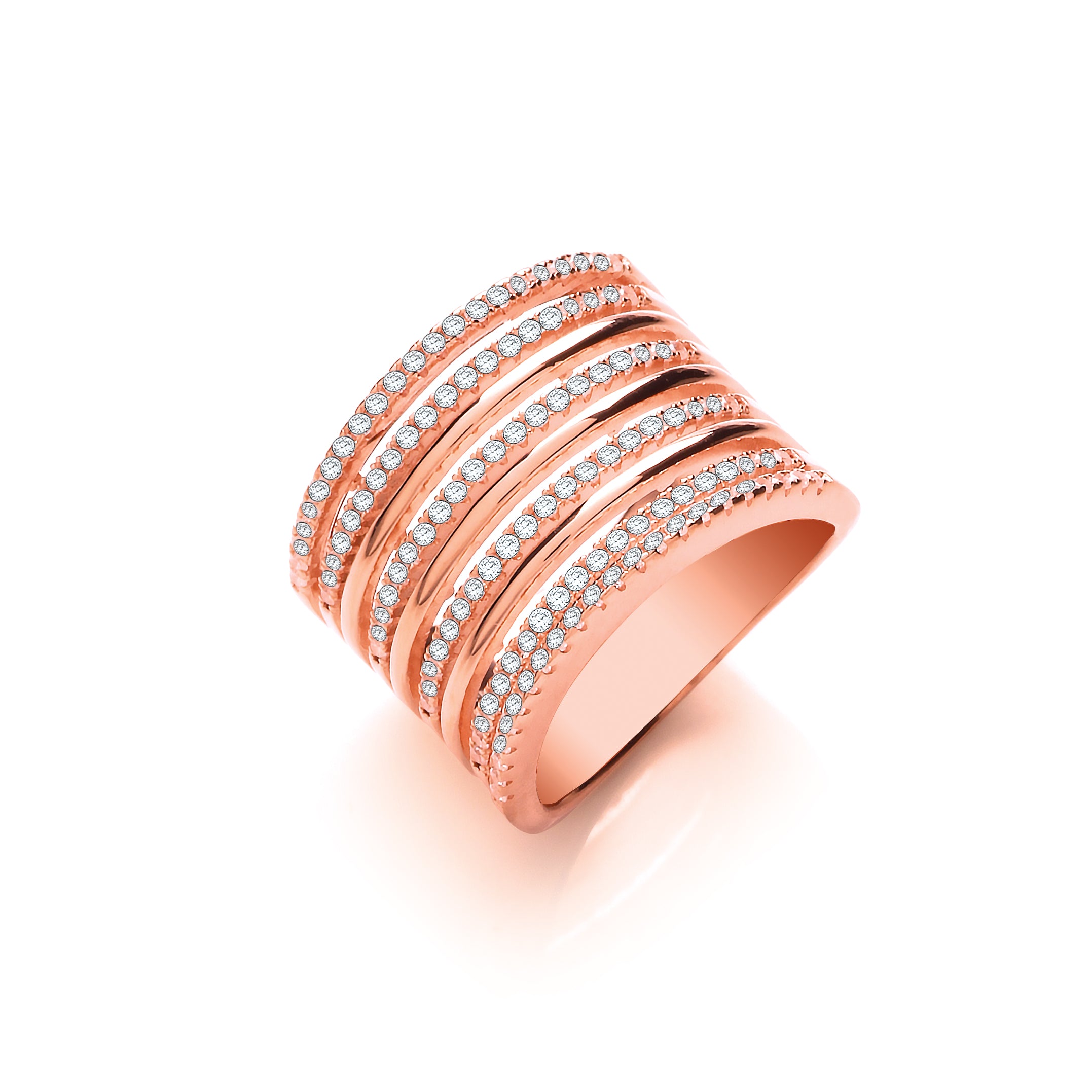 J-JAZ 925 Sterling Silver Micro Pave 9 Rows, Rose Coated Ladies Ring