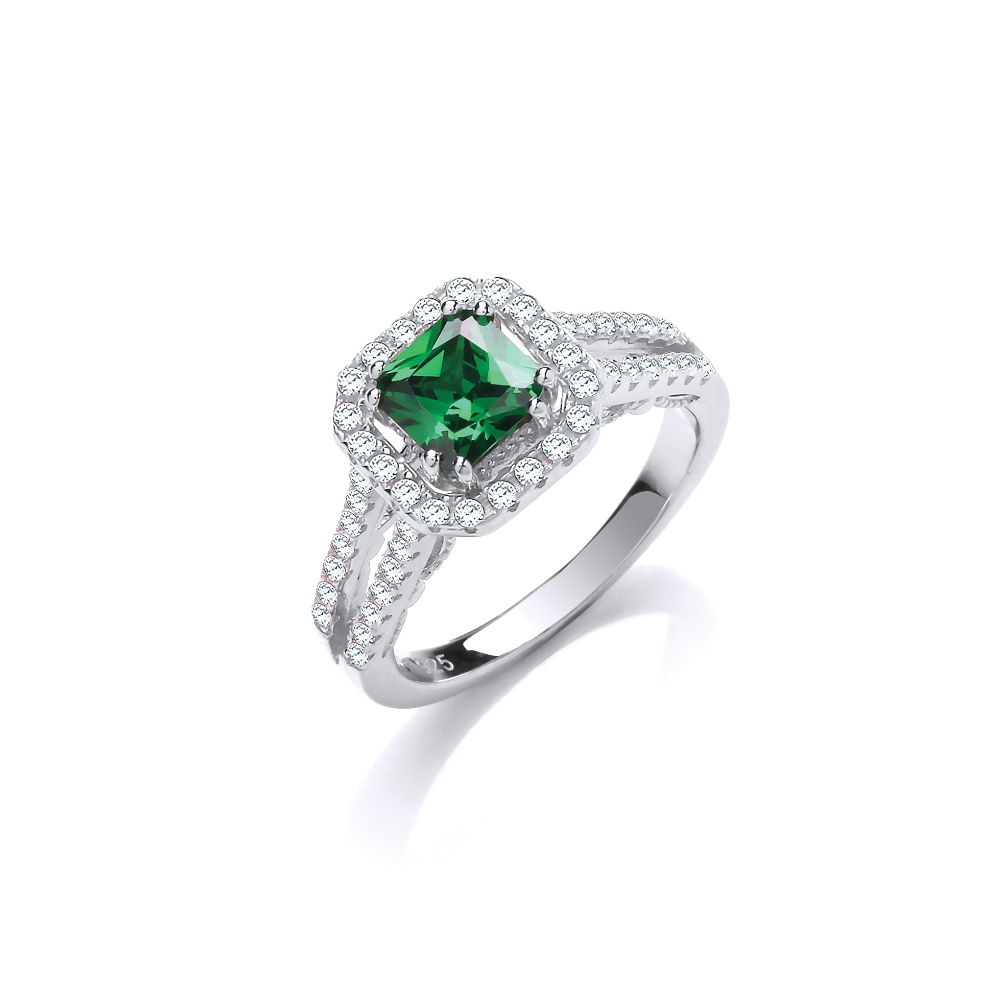 925 Sterling Silver Green Cz High Setting Split Shank Fancy Ring