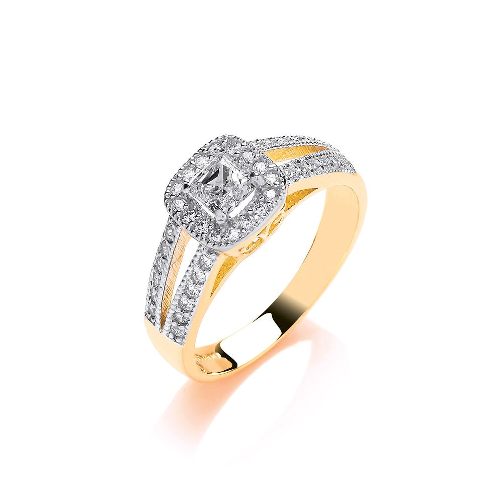 9ct Yellow Gold Ladies Princess Centre Split Shank Cz Ring