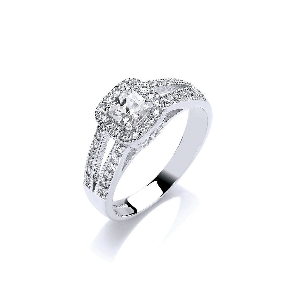 9ct White Gold Ladies Princess Centre Split Shank Cz Ring