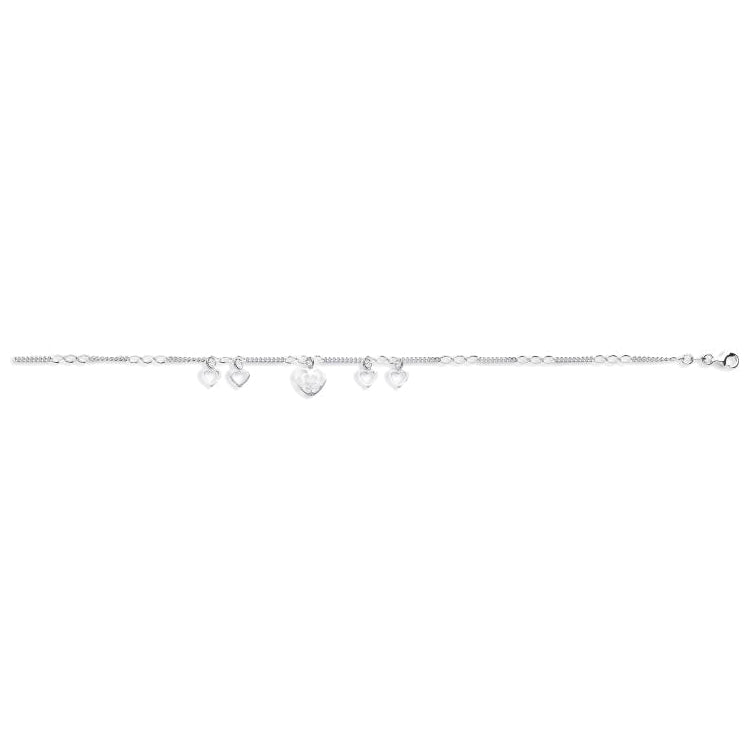 925 Sterling Silver Fancy Heart Drop Anklet 10"