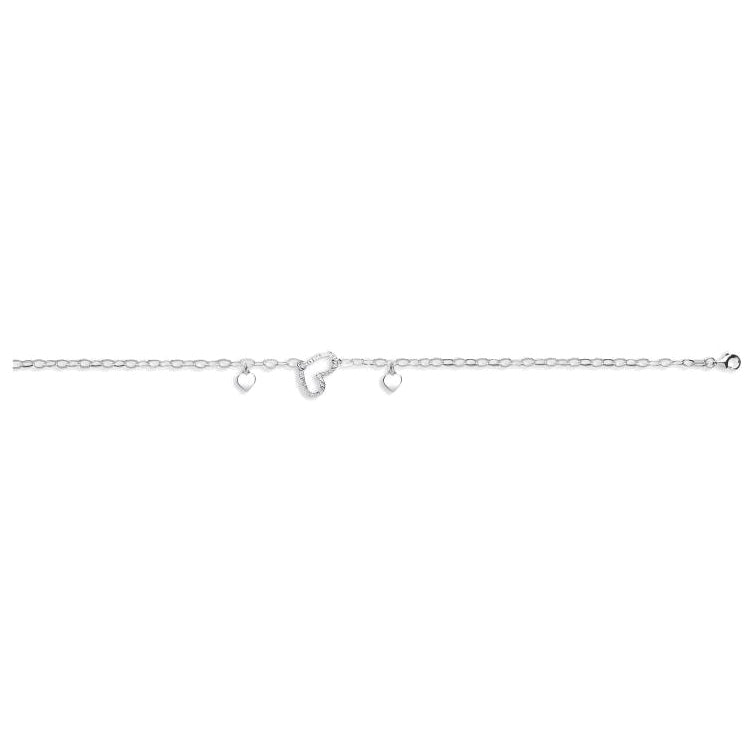 925 Sterling Silver Fancy Heart Drop Anklet 10"