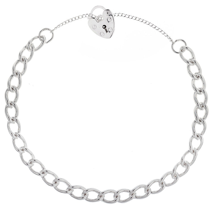 925 Sterling Silver Open Curb & Padlock Charm Bracelet