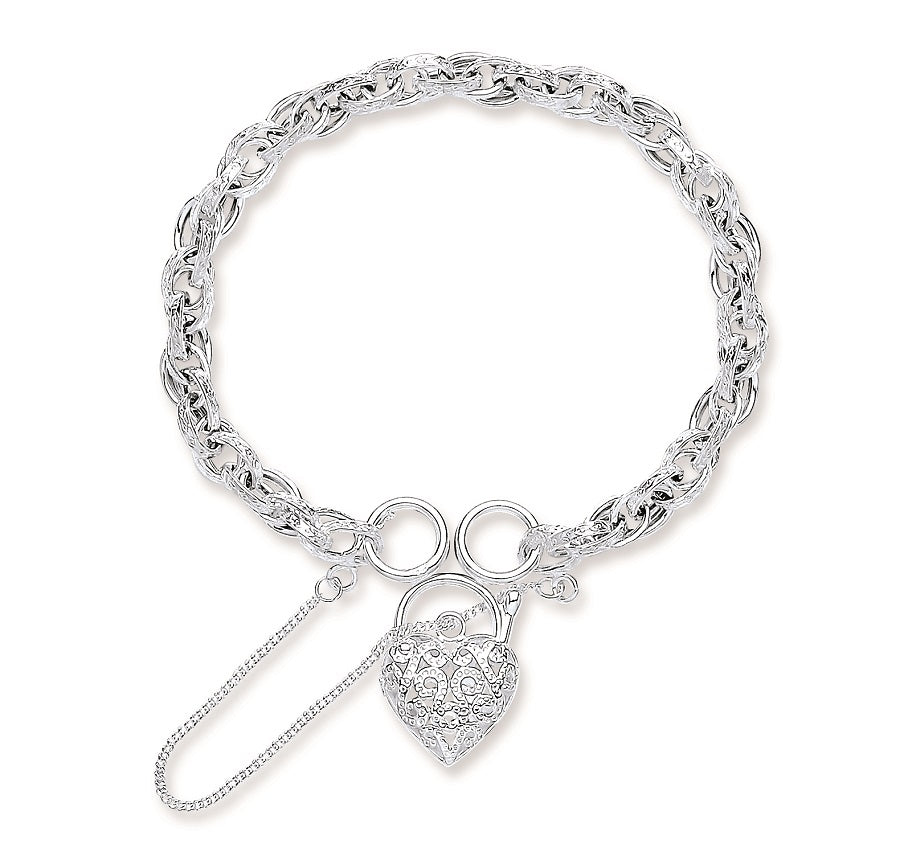 925 Sterling Silver Heart Padlock Bracelet 7.5"