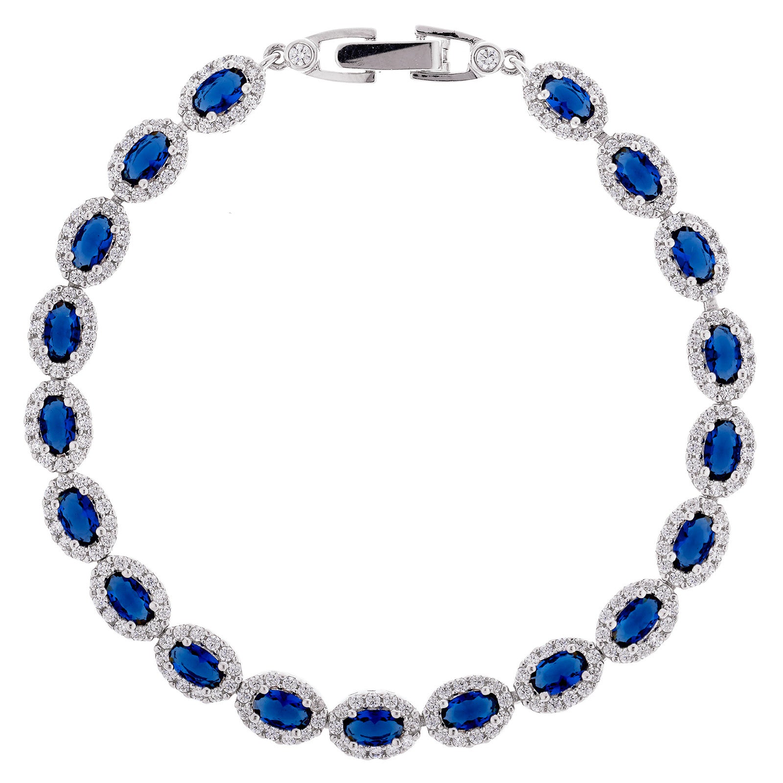 925 Sterling Silver Sapphire Blue Oval Cz Ladies Bracelet