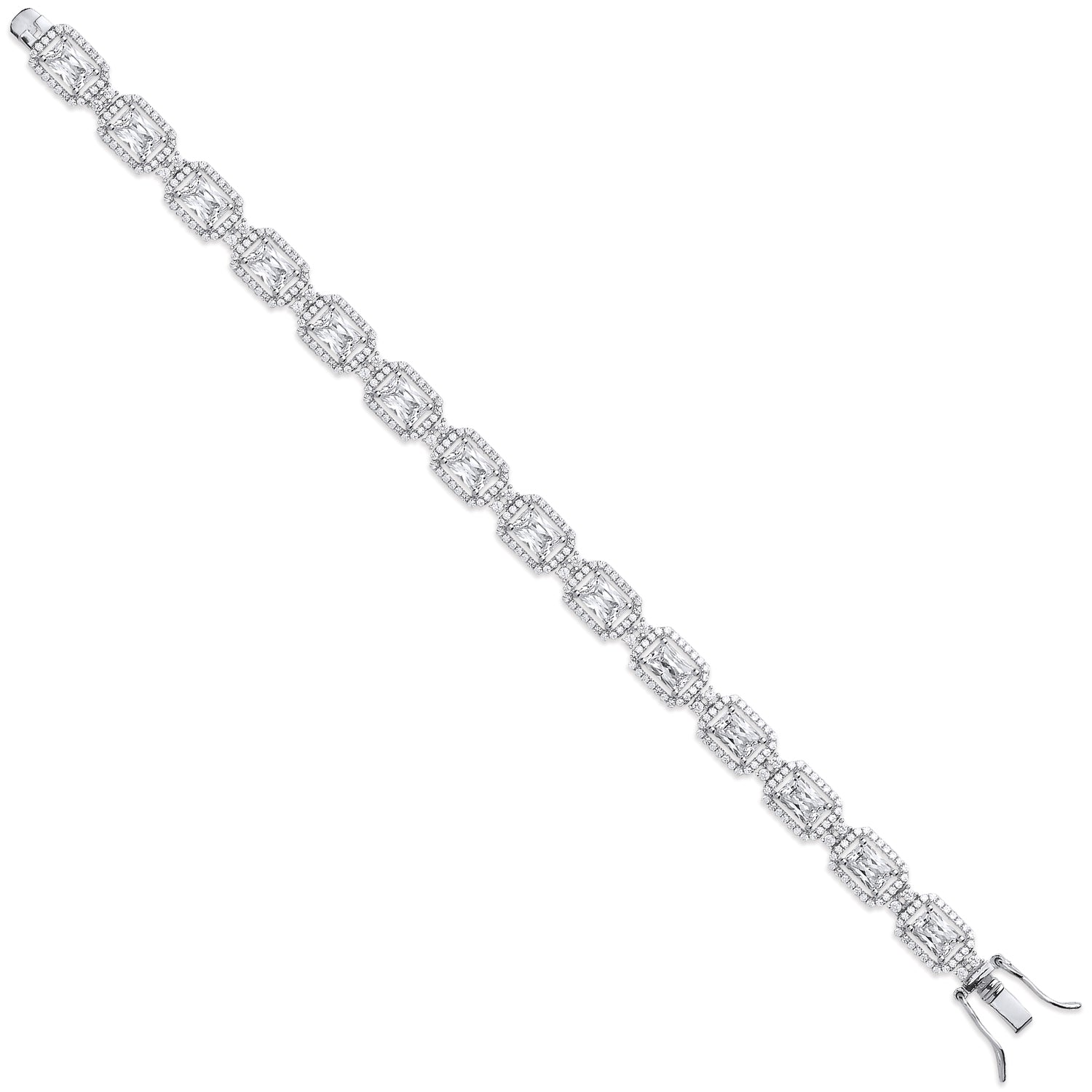 925 Sterling Silver Clear Cz Emerald Cut in a Halo Style Tennis Bracelet