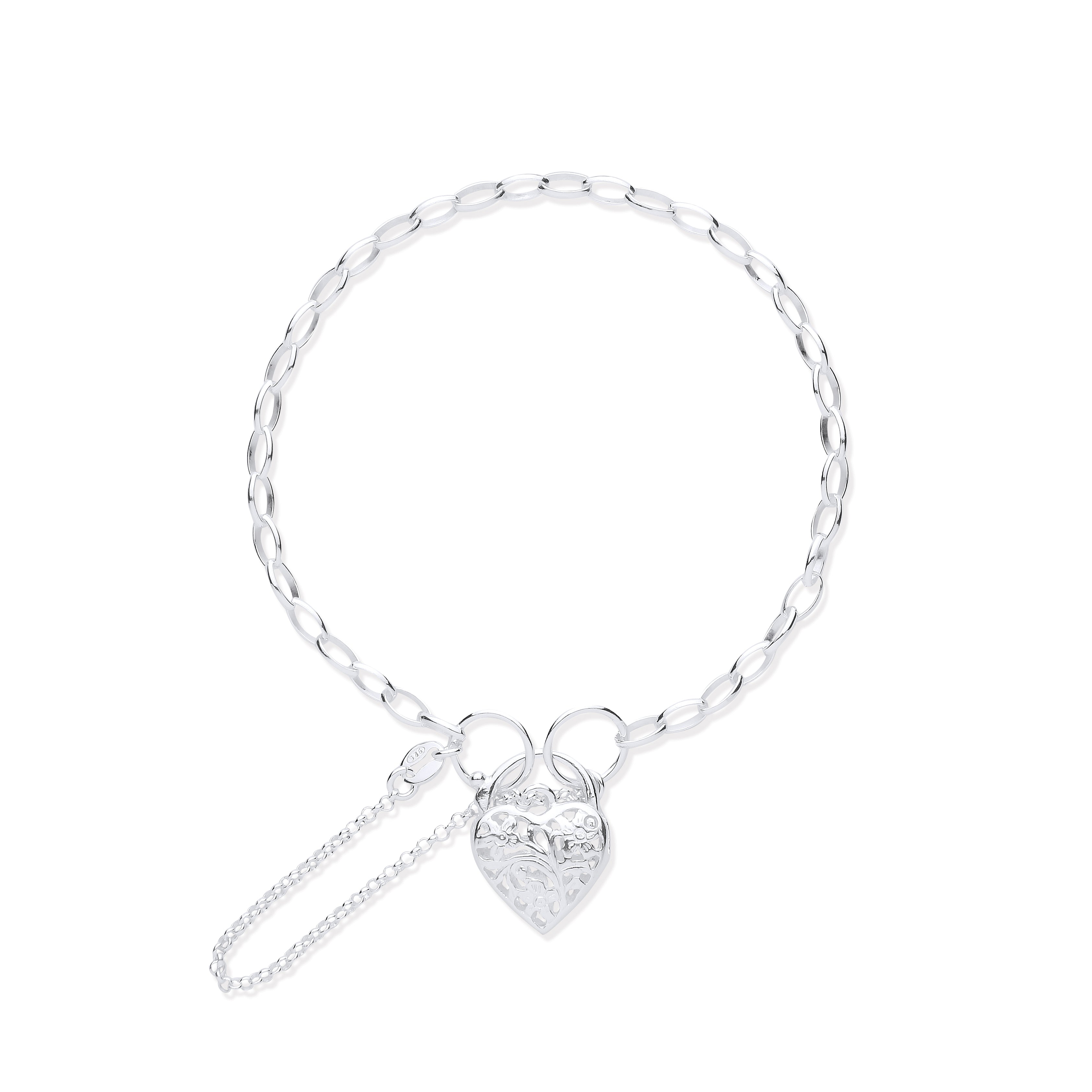 925 Sterling Silver Padlock Charm Open Link Bracelet