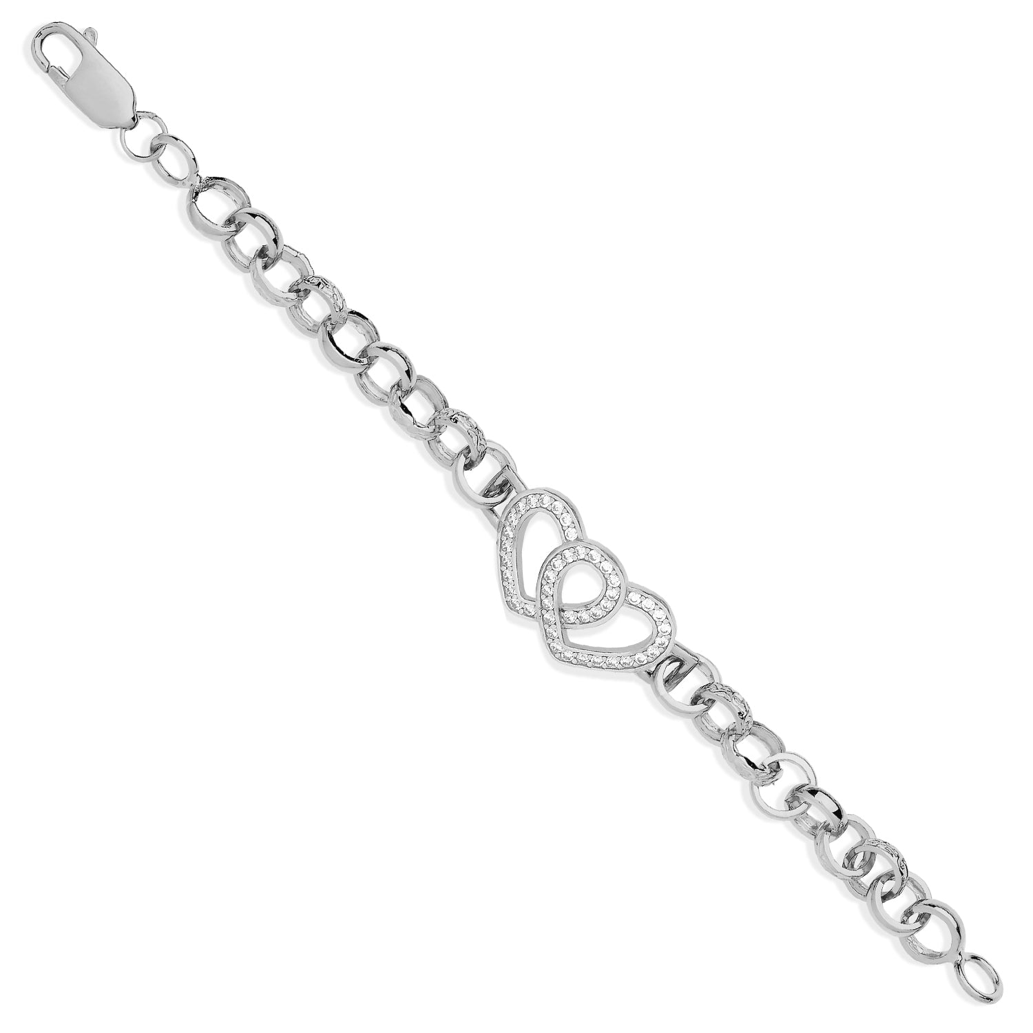 925 Sterling Silver Belcher Links Cz Hearts Childs 6" Bracelet