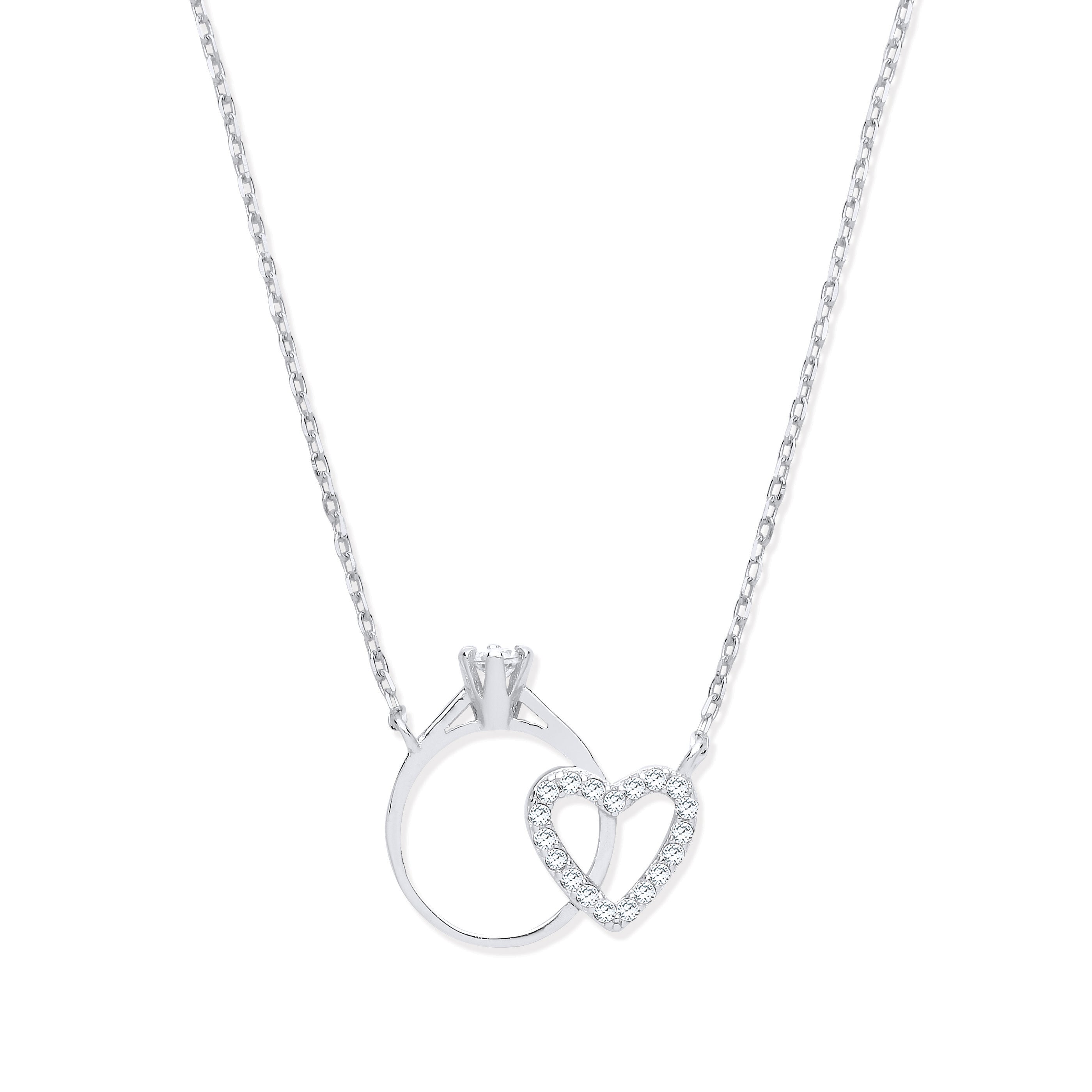 925 Sterling Silver Chain Necklace with Little Cubic Zirconia Engagement Ring & Heart