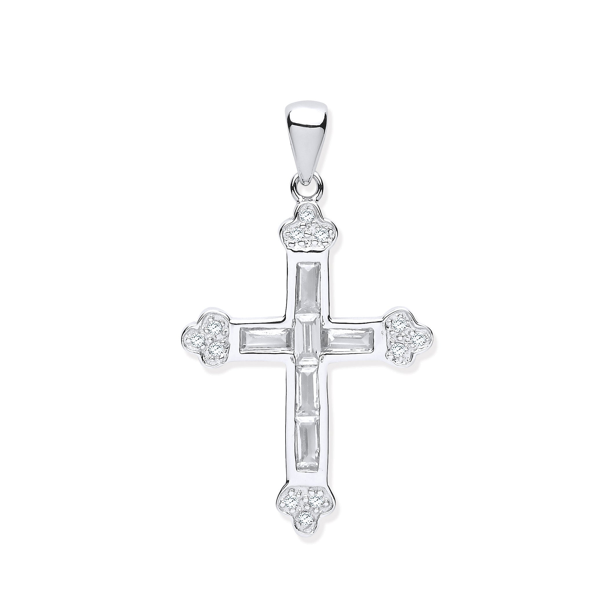 925 Sterling Silver Baguette Cz Cross with Chain