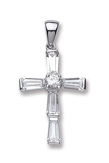 925 Sterling Silver Baguette Cz Cross Pendant with Chain