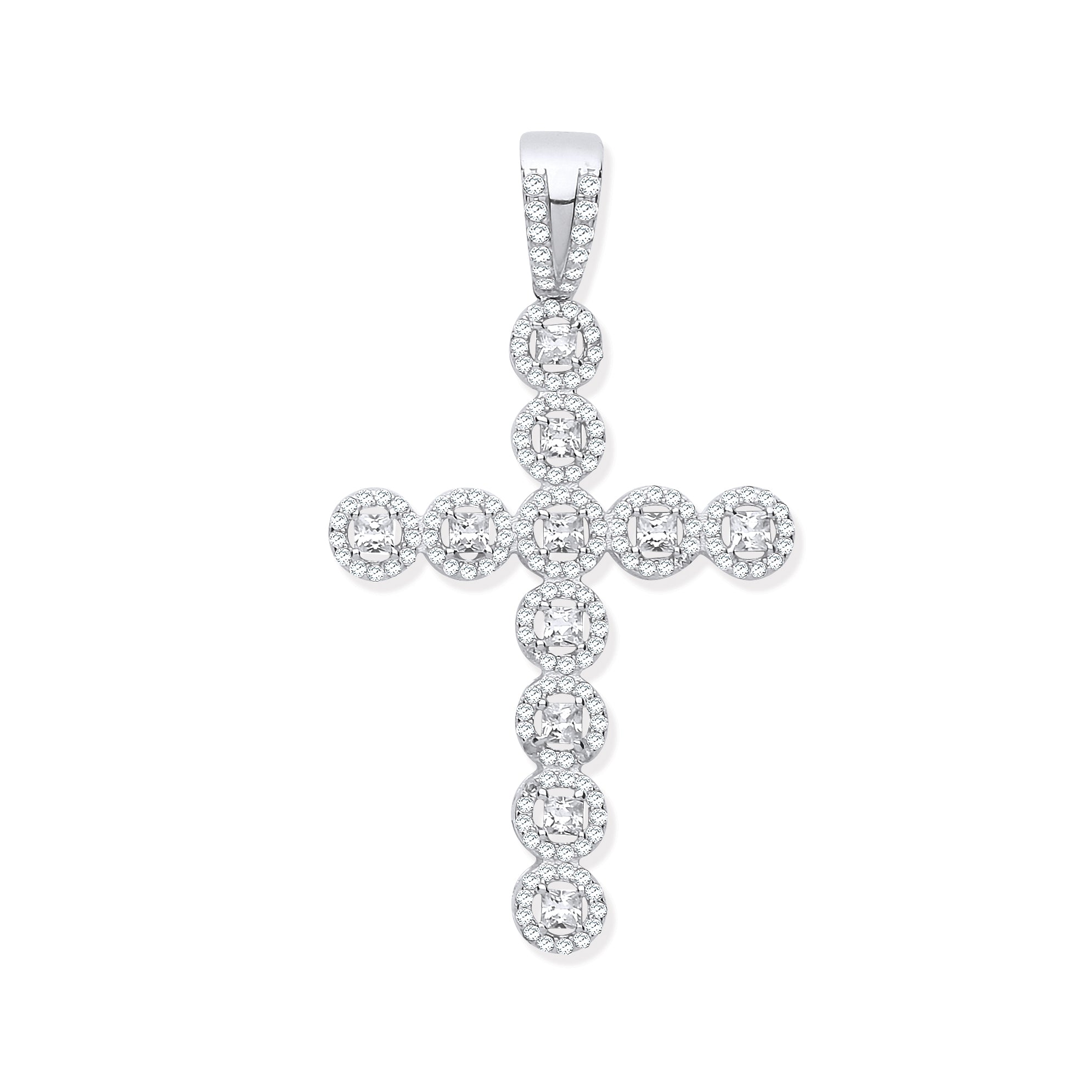 925 Sterling Silver CZ Halo Style Fancy Cross Pendant with Chain