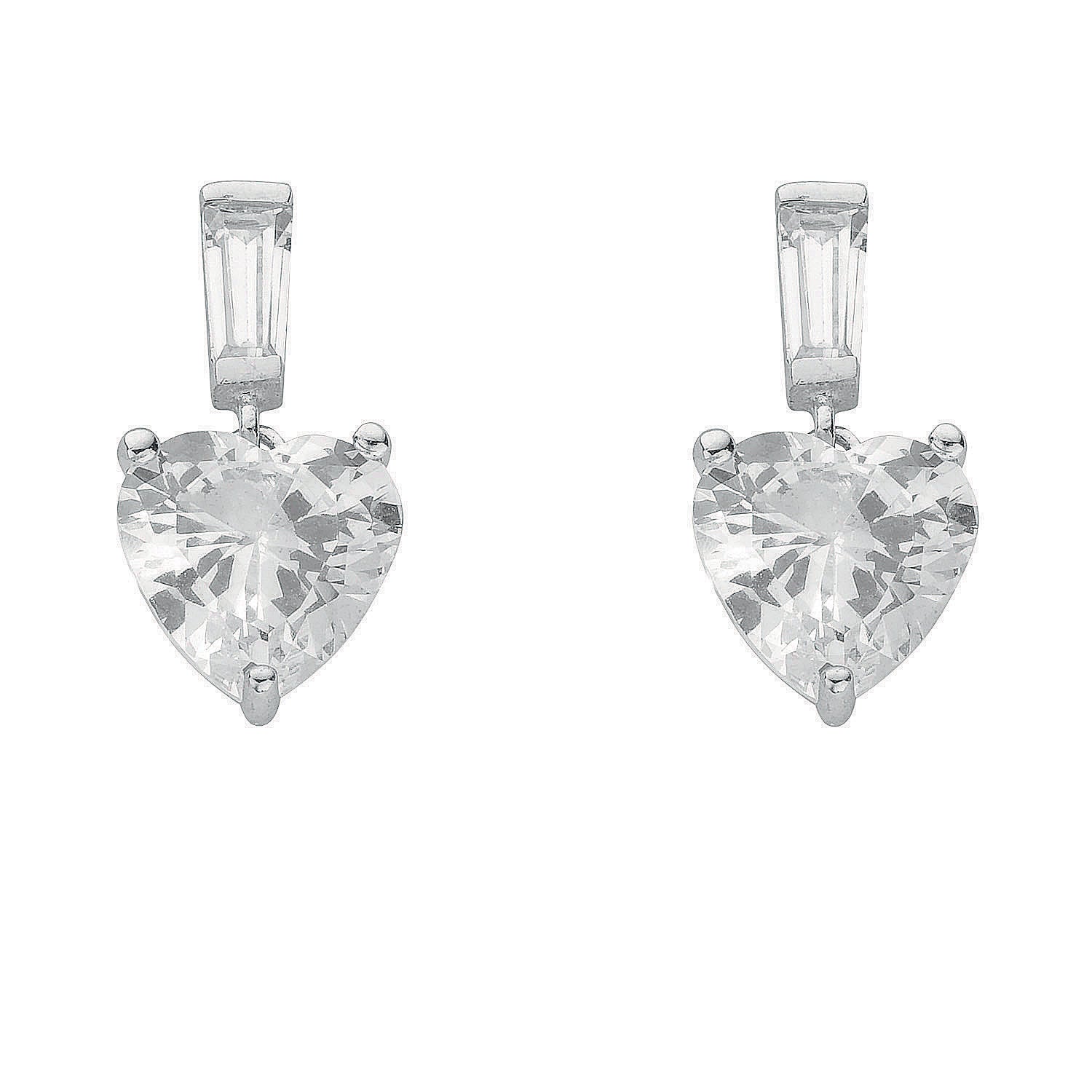 925 Sterling Silver Cubic Zirconia Heart & Baguette Cut Drop Stud Earrings