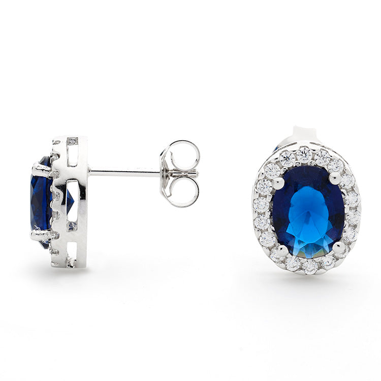 925 Sterling Silver Blue Sapphire Cubic Zirconia Oval Stud Earrings