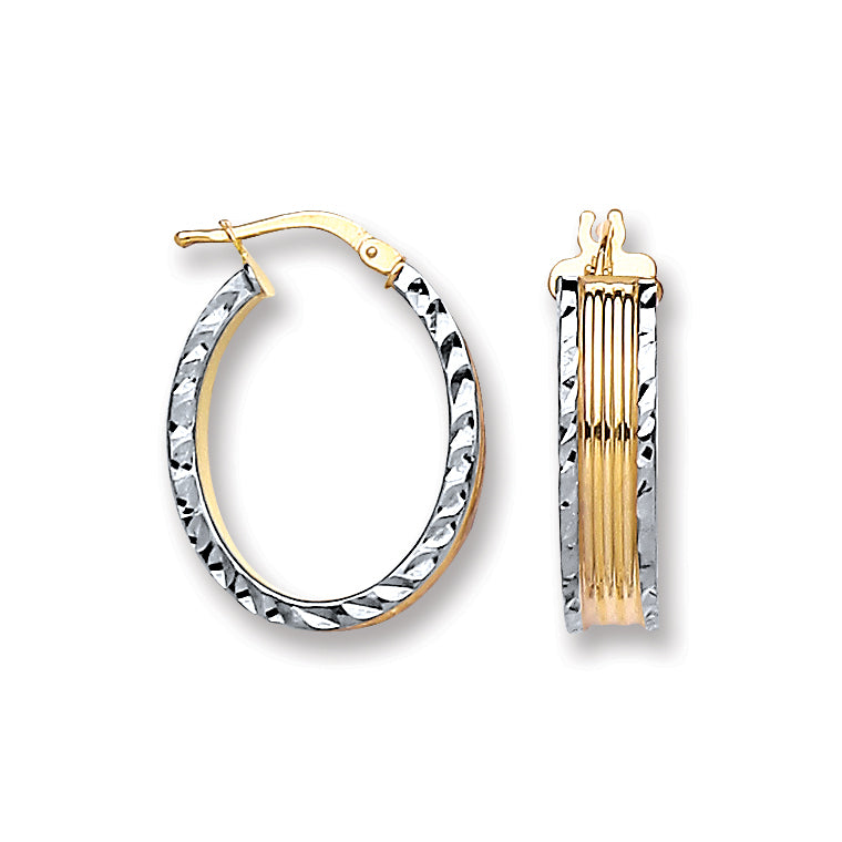 925 Sterling Silver Ribbed Oval 2 Colour Hoop Earrings