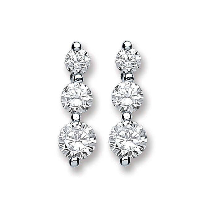 925 Sterling Silver 3 Cubic Zirconia Graduated Stud Earrings