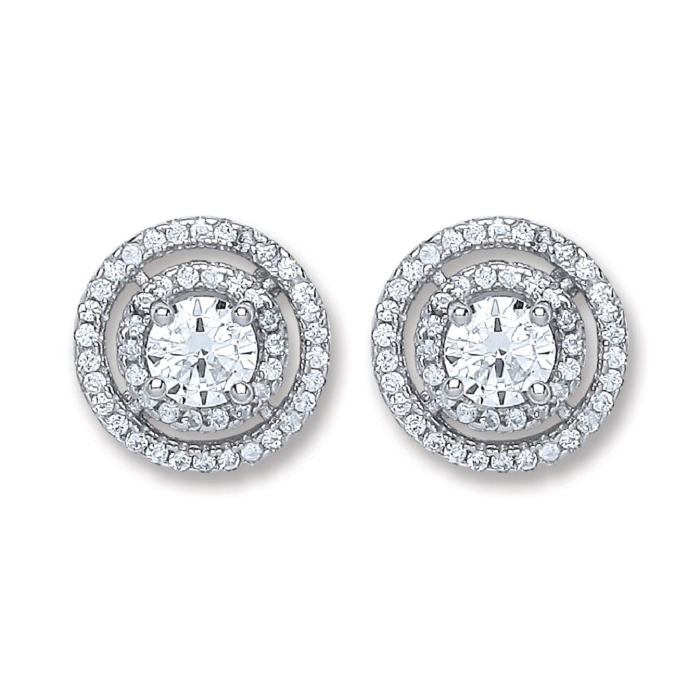 925 Sterling Silver Cubic Zirconia Double Halo Round Stud Earrings