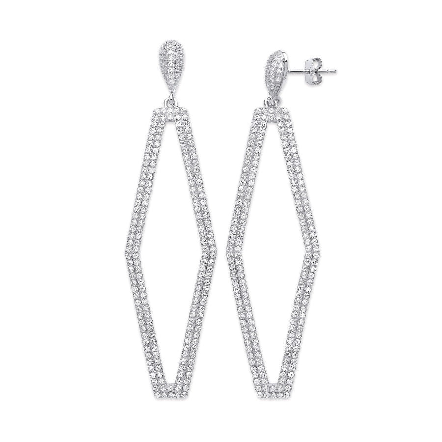 925 Sterling Silver Two Rows Diamond Shape Cz Drop Earrings